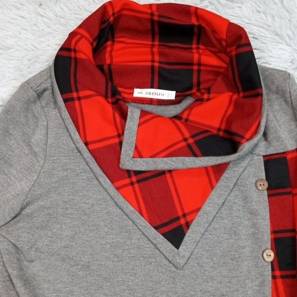 Dressfo Womens Sweater Gray 12 Pullover Cowl Neck Faux Buttons Plaid - Picture 4 of 9